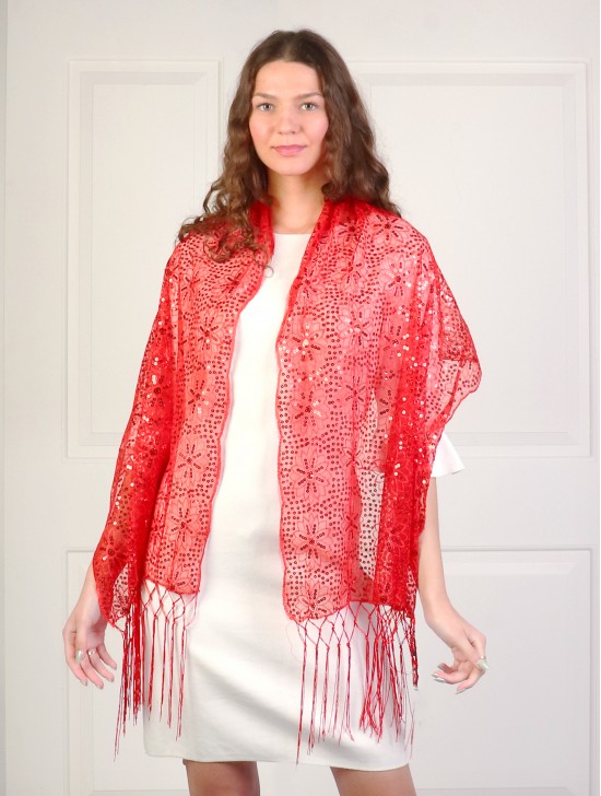 Sequined Flower Mesh Scarf W/ Fringe